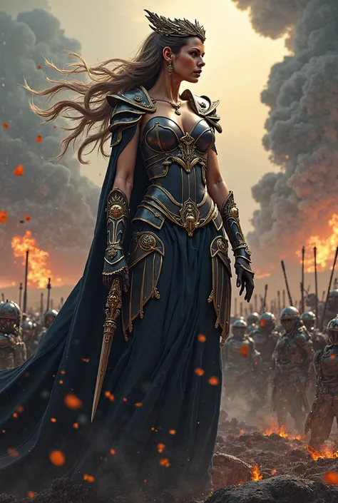 Vikings Goddess Valkyrie, seductive look, dramatic war background
