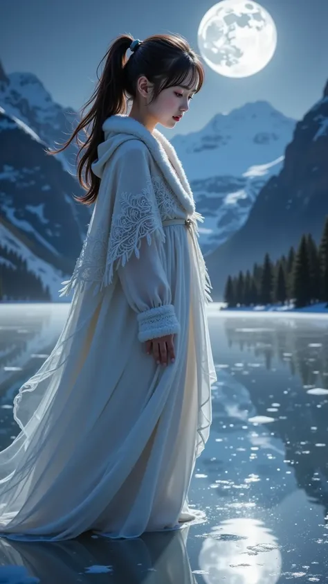 prompt: |
  An 18-year-old young girl stands at the edge of a vast frozen lake, illuminated by the pale glow of a full moon.  
  The icy surface reflects the night sky so clearly that it seems like a portal to another world.  
  The towering mountains in t...