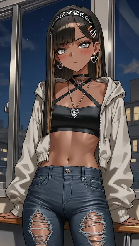 1Girl, Mature, Ebony, African American, Dark Skin, Jet Black Long Straight Hair With Brown Highlights, Grey Eyes, Medium Chest, Black Halter Crop-Top, Black Cropped High-Cut Hoodie, Black Ripped Jeans, Jewelry, Heart Earrings, Black Hair Clips, Black Hairb...