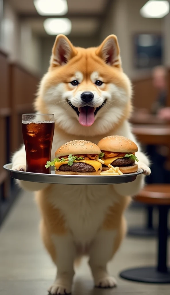 Real photo。Scenery of a large Akita dog not wearing clothes holding a tray with hamburgers, french fries, and cola on its front legs 、Walk with only your back legs 、A kitten with light brown fur is carrying it to the waiting table 。Real photo。
