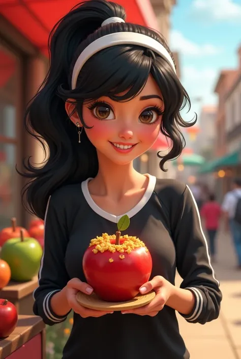 Pixar-like image of a woman,  with braces, wavy black hair clutched , with a white hair band,  long sleeve black sporty blouse and selling enchilada apples, slit-eyed  