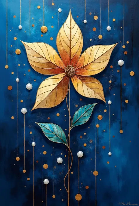  abstract painting, Deep blue background , Graphic golden thread and pearls ,  high resolution,  omits the , In the center、 add a beautiful geometric flower of life that blends perfectly with the entire image