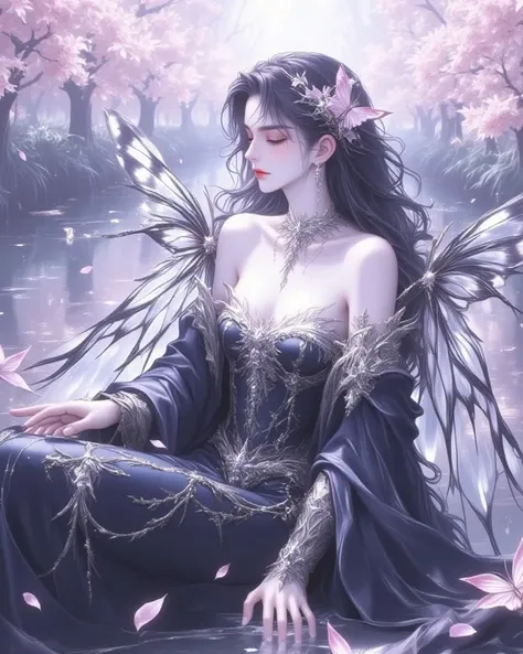 A cinematic medium shot of a dark fantasy anime girl with captivating energy. She has dark, flowing hair and is wearing a dark gown, dazzling jewelry, and a crown of intertwined flowers and butterflies. Her translucent butterfly wings have a mesmerizing bl...