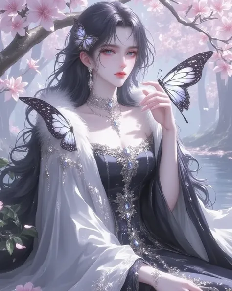 A cinematic medium shot of a dark fantasy anime girl with captivating energy. She has dark, flowing hair and is wearing a dark gown, dazzling jewelry, and a crown of intertwined flowers and butterflies. Her translucent butterfly wings have a mesmerizing bl...