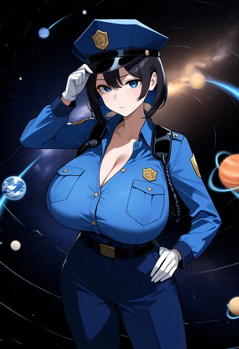 1girl, universe, Women in space, woman bigger than a planet, Tiny Planet, giantess, looking at viewer, huge breasts,cleavage, whole body, A small planet floats in front of my chest,  ,Female police officer,hat, blue shirt, dark blue long pants, 