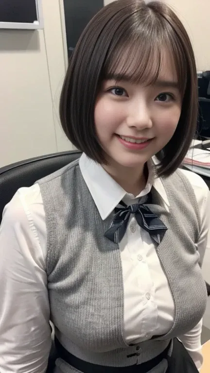 (( OL)), (((  gray vest,   white shirt ,   black skirt with shirt )))、(((light brown bob hair:1.2, bangs:1.2)))、(((Round face)))、(((grinning face:1.2)))、   Japanese 、(((Big Cheeks:1.3)))、((  cute face))、(((  Japanese ジュニアアイドル)))、(((background:  office work...