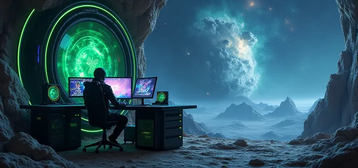 Galactic environment ,  Razer above an Asteroid on his gaming station