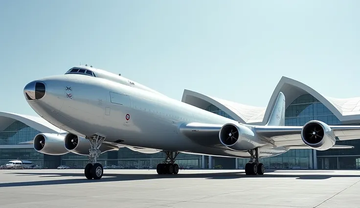 Here is an image based on your request, showing a luxurious white B-29 Superfortress from a side view near a modern luxury airport.

