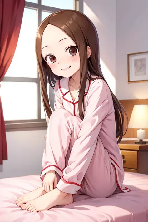 (takagi-san )
  upper body：pajamas
lower body：
 subject size：Girl
background ：bedchamber
Time ：Twilight sky
expression： evil smile
posture ：sitting
