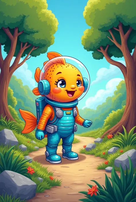 A vibrant illustration of Fish in his water-filled astronaut outfit, alongside Marina and Zico ,  solving a mystery at Happy Trees Park ,  with clues scattered across the scenery and natural elements highlighted .