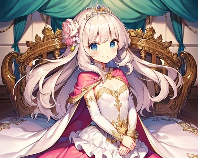 kawaii, best quality, rococo style,(long train pastel pink cape:1.15), very long cape,(long train white ball gown with flower decorations:1.1), a girl is wearing a cape over her gown, 1 little princess, tiara, smile, very long hair, small breasts, looking ...