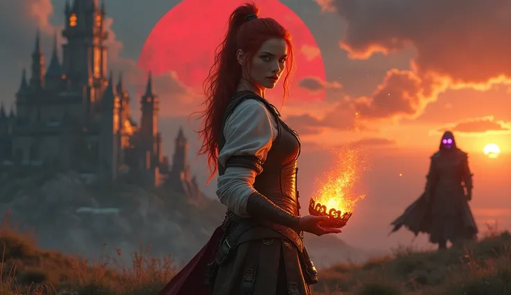 A fantasy-inspired cinematic scene featuring Eira, a determined young blacksmith with fiery red hair tied back and emerald-green eyes. She stands at the center, wielding a radiant elemental crown that glows with swirling colors of fire, water, earth, and a...