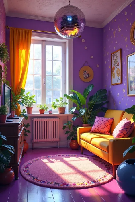 Create a colourful room (mostly purple, white, yellow), very cozy and cute. With a mirror disco ball, many interesting decorations, many plants and a window. 