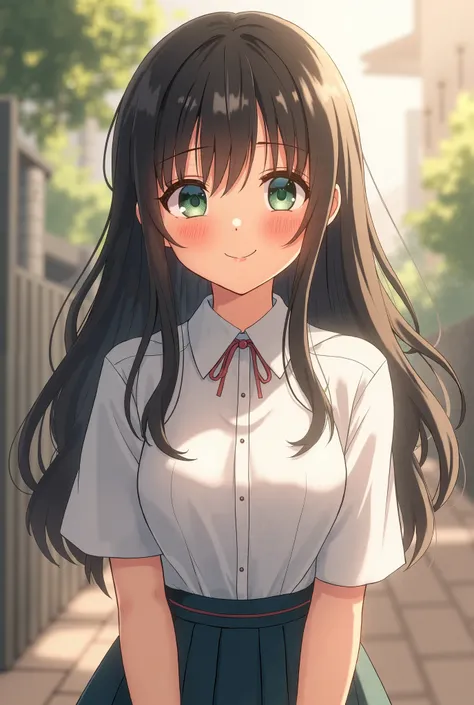 1 girl, with a height of 155 cm, cun japanese school uniform,  Long hair, with a lock between her eyes the same size as her hair,  green eyes, With an adorable smile.