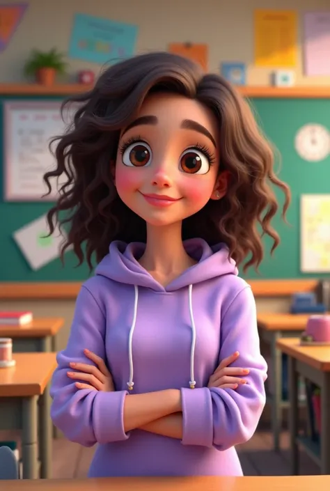 Pixar photo of a 23-year-old girl with curly brown hair and brown eyes dressed in a purple lilac sweatshirt with a happy half-smile who is a teacher, With the background of a class
