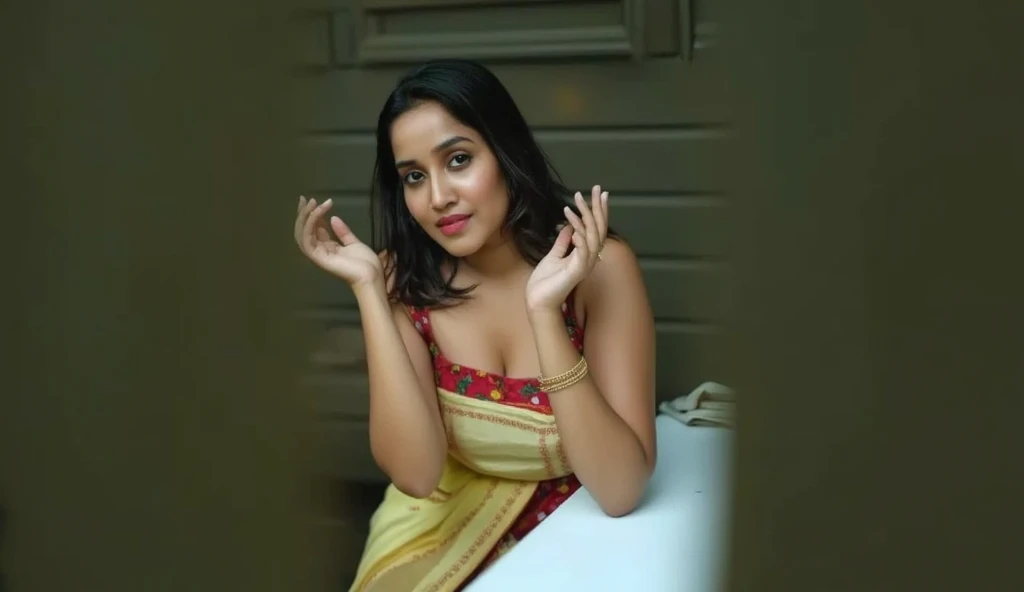 photo of hourglass figure Mature Indian Bengali Aunty with dusky skin, wearing Transparent chiffon yellow saree and red strapless sleevless Blouse, showing her large U cut Cleavage,  Both hands streched up above head showing dark hairy armpits,Hair messed ...