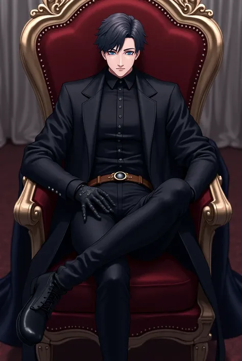 Handsome anime guy, eye glasses, black outfit, prince garments, knee-high boots, sitting on a throne, legs crossed, fingerless gloves, view from the above