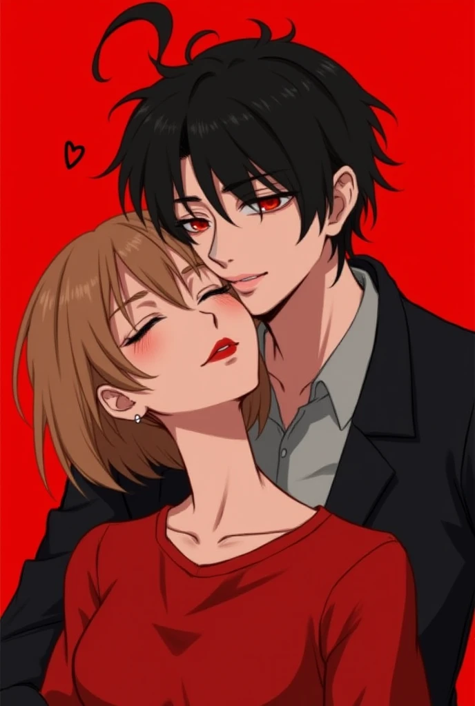 The girl is very hot and beautiful, with light brown hair, red lips, and wearing a red shirt. She has simple earrings, and only her upper body (from head to chest) is visible. A boy, who isa ghost, is gently biting her neck from behind. The boy has his eye...