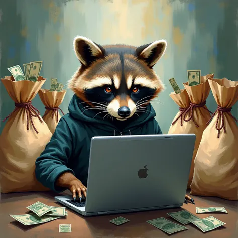 abstract image,  raccoon thief works in a laptop, a row of bags of money