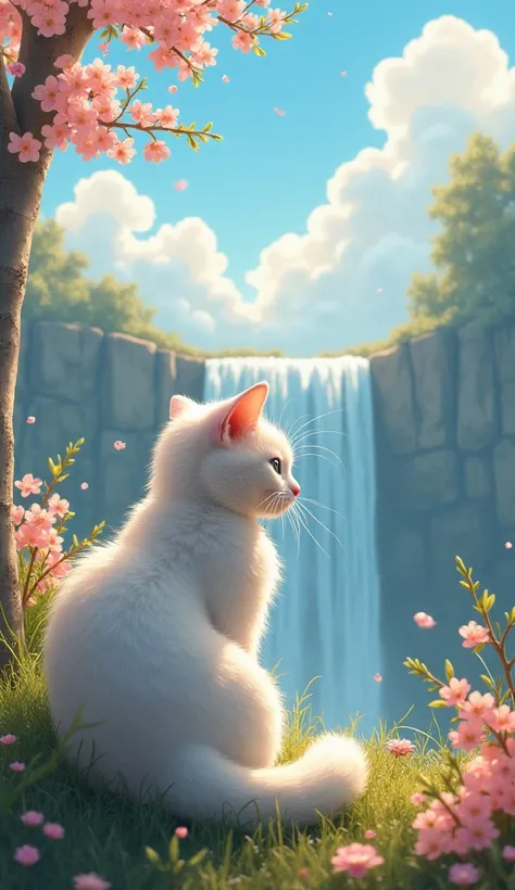  high resolution,  Masterpiece,  top quality,  very detailed,  super high heels, Beautiful morning sunshine 、 White Clouds 、 beautiful landscape、Beautiful waterfall、 beautiful flowers 々。 beautiful cat sitting by the spring。