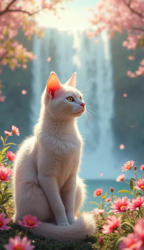  high resolution,  Masterpiece,  top quality,  very detailed,  super high heels, Beautiful morning sunshine 、 White Clouds 、 beautiful landscape、Beautiful waterfall、 beautiful flowers 々。 beautiful cat sitting by the spring。