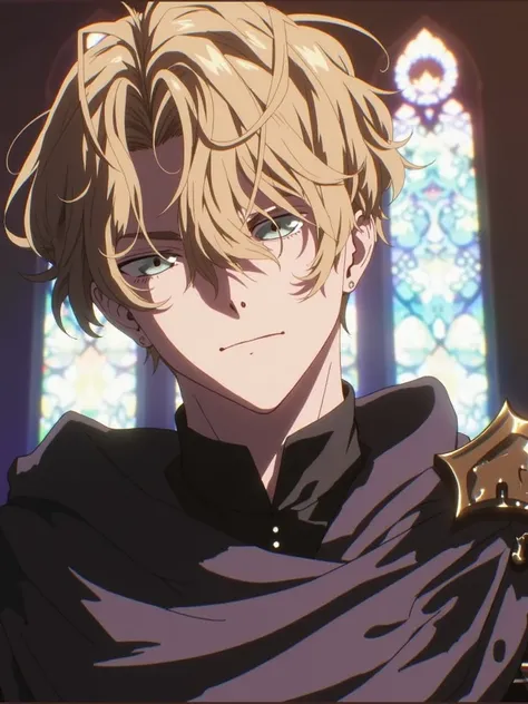 I would like you to create an image in this style of a blond character with blue eyes,  he will wear a broken silver crown on the front as if separating the crown in two, The crown must have some details as if they were jewels, But the jewels are stones