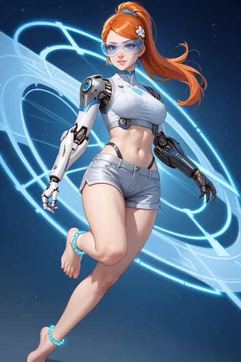 For a Cyborg-inspired outfit for Orihime, keeping her navel and bare feet exposed, here’s a sleek and futuristic design that blends technology and power:

Top:

Cropped, armored-style silver top with blue glowing circuit-like patterns, exposing her navel.
...