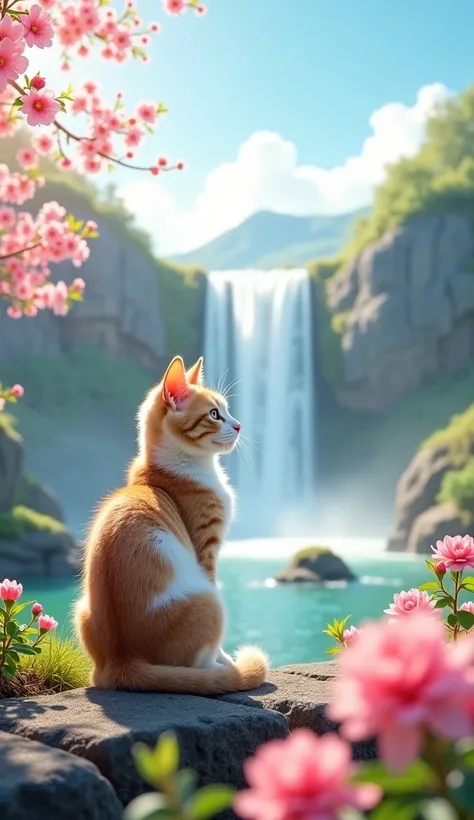  high resolution,  Masterpiece,  top quality,  very detailed,  super high heels, Beautiful morning sunshine 、 White Clouds 、 beautiful landscape、Beautiful waterfall、 beautiful flowers 々。 beautiful cat sitting by the spring、Genuine、 No People