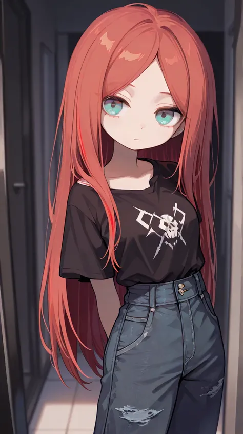 (Extremely detailed 8k unity ), female, red hair with withwhite highlights strands, opal eyes ,blurred face, solo,  anatomically correct, small breast (clothed),(soft dark) straight long hair, closed mouth, emotionless, protrait, A simple loose tee low-wai...