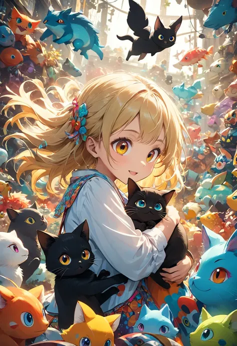 A joyful blonde-haired anime girl embracing a black cat with big cartoonish eyes, surrounded by a chaotic but fun collection of quirky and colorful animal creatures. --ar 3:4 --style raw --profile --stylize 200