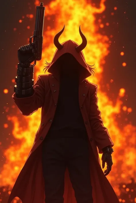 An anime that is half demon and its right hand is a robot hand and a shotgun and there is a burning fire behind it 