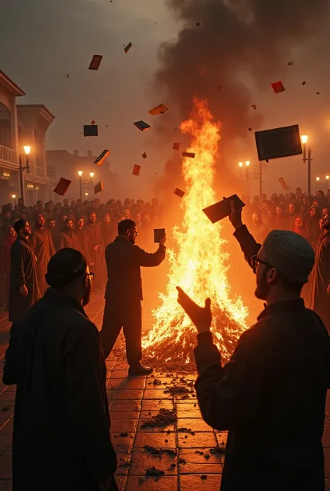 Muslims burning books while smiling.