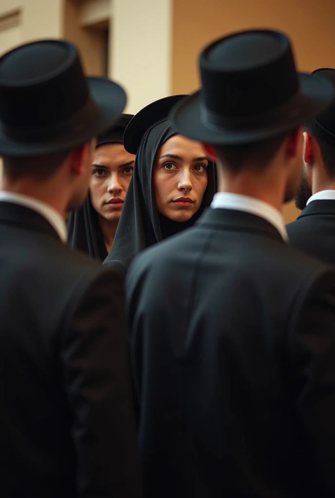 A group of religious young Jewish men and women gathered, Focus on the face realistic image 4k 