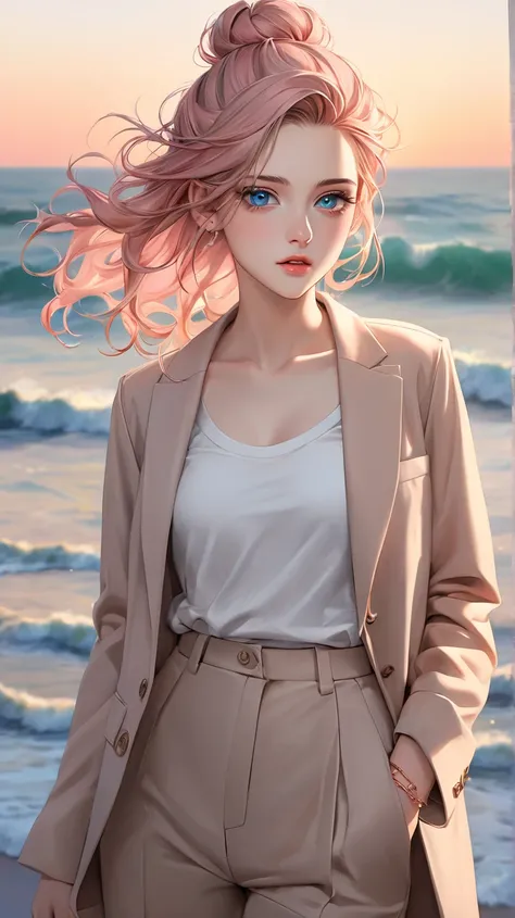 A realistic portrait of a young woman, 24 years old, with rose gold hair of medium length, featuring a gradient transitioning to ash pink tips. Hair is styled in a high, messy bun or left down in soft waves. Bright, piercing azure eyes that reflect depth a...