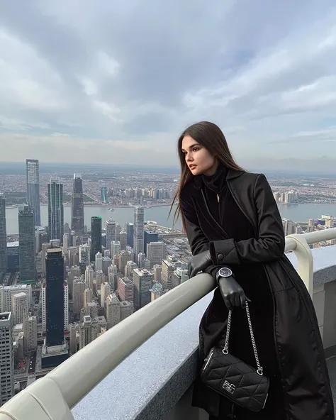 a young woman in a futuristic city rooftop, intricate cityscape, advanced architecture, beautiful woman, detailed face, long hair, elegant dress, high tech environment, neon lights, glowing city lights, cinematic lighting, dramatic shadows, vibrant colors,...