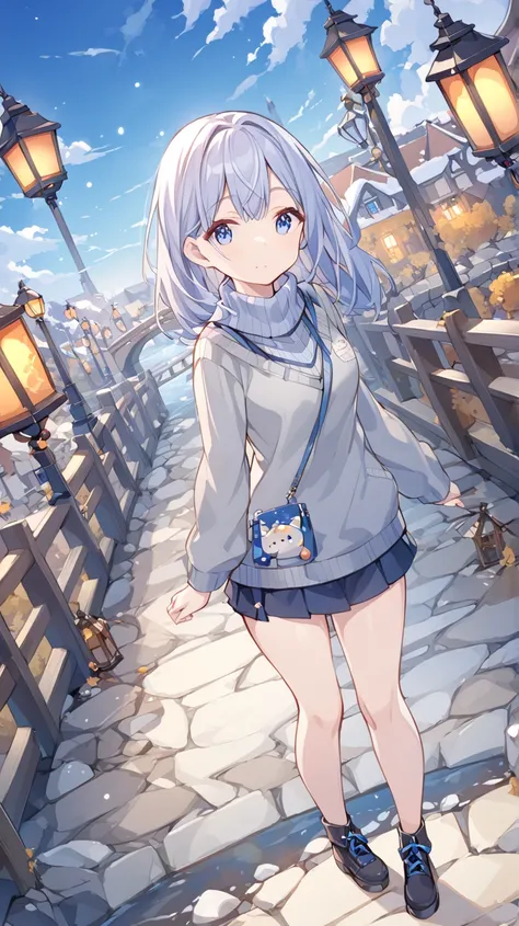 blue sky、winter、European riverbed、 bridge、 1 girl,  Lantern、 blue eyes、 shortcuts,  sweater、 miniskirt、 Dutch angle, 