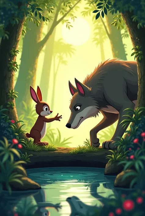 Here are two prompts based on the story:

Prompt 1 (Illustration Style)

"A clever rabbit stands near a deep well, tricking a fierce wolf. The rabbit looks confident and smart, while the wolf, peeking into the well, sees its own reflection and appears frig...