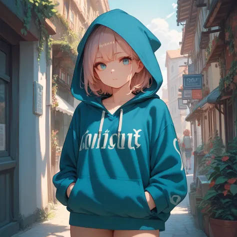  1 girl,  shortcuts,  contemptuous gaze:1.2,  hoodie, hood ,  top quality,  high detail,  very detailed, 