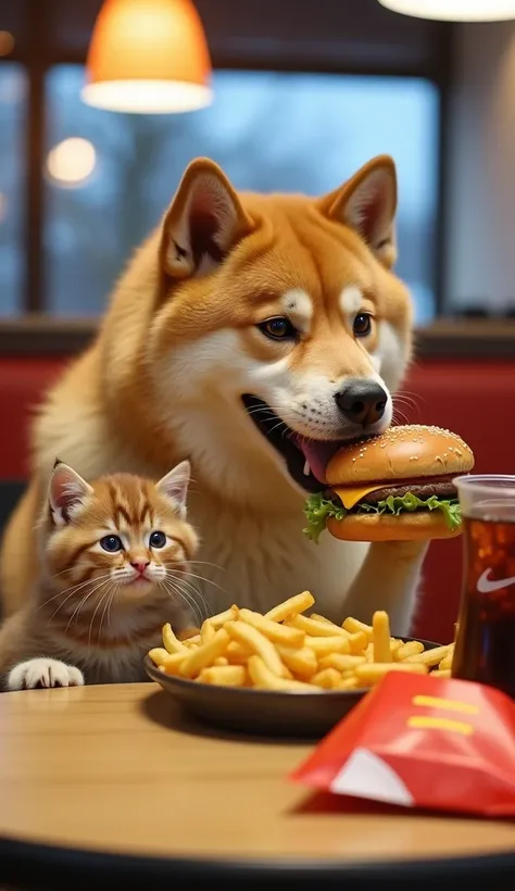 Real photo。 A large Akita dog with no clothes on, a large Akita dog with no black noses and 1 kitten with light brown fur、At the table, they each hold a hamburger with their front legs and eat it as if it were delicious。The kitten and Akita Inu look happy ...