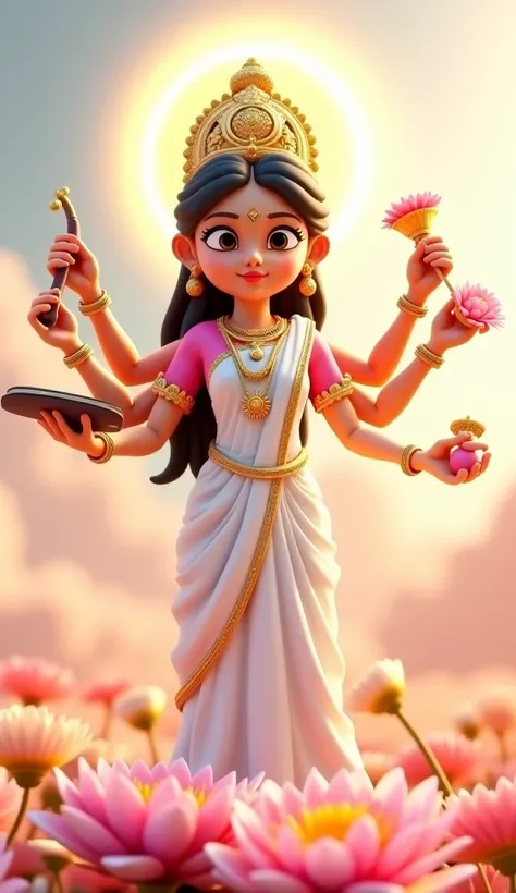 She has four arms, each holding symbolic items.maa saraswati in whaite saree generate in cinematic 3d cartoon style