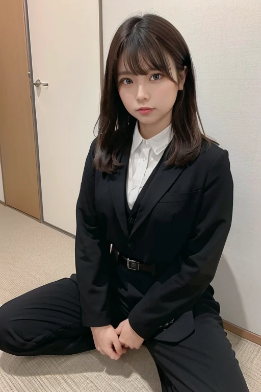 ​masterpiece、flat-colors、 depth of coverage、 Squat 、、 brown hair、 stares at viewers　　belt　black suspenders　Social Office Lady　　 breast too big　　　 　 　wall:  black suit 　 black pants ,  black jacket、Japanese-style room、 tatami mat in the back、Full Body Photo...