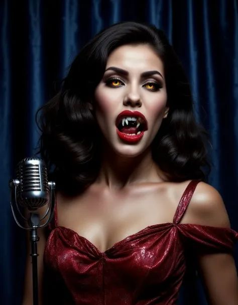 A vampire jazz diva who summons blood-sucking sacrifices with her enchanting singing voice, Beautiful Femme Fatale, dangerous atmosphere, immoral sensuality, Glare at me with my head down, Brunette Voluminous Perm, forehead, Arched thin eyebrows, Sharp Eye...