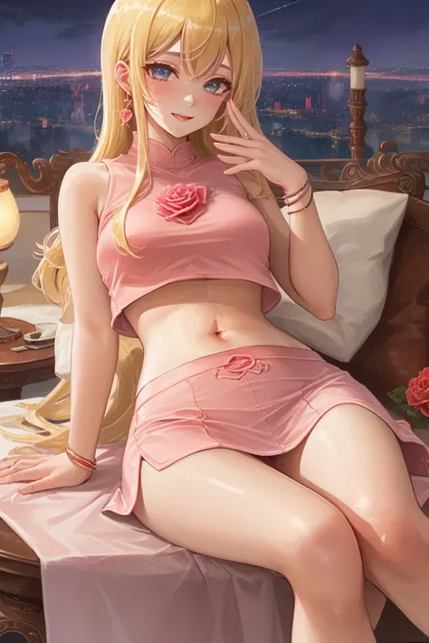 woman, (adult), solo, blonde long hair, sitting, spread legs, pink dress, (crop top, midriff, navel:1.4), roses, night city, sexy pose, sexy face, (high quality), (best quality), (detailed), perfect lighting, detailed face, detailed body, 