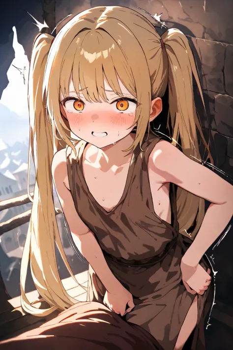 NSFW, Masterpiece, top quality, high resolution, very detailed, girl, Golden Hair , long hair, twin tails, orange eyes , small tits, medieval Europe , slum, Brown Tunic , sleeveless,With slits,blush,Orphan,Being raped, having sex by force, is shaking