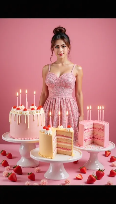 1 plump muscle body asian woman 35years old, bun hair with bangs
wearing dress plump body muscle standing between cake 
 Collection of birthday cakes and desserts on a pink background. there are three cakes on white cake stands, each with a different desig...