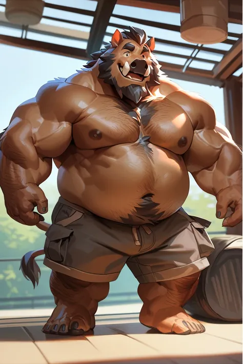 lindong, chubby man wear shorts, (chubby:1.3, fat, fat belly, big belly, musclegut), topless, cargo shorts, standing, furry, an anthro (boar), nipples, an anthto, happy expression, extremely detailed muscle, detailed face, face, detailed eyes, eyes, detail...