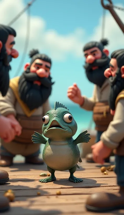 A tiny fish begging from black beard fishermen to release, 3D cartoon image