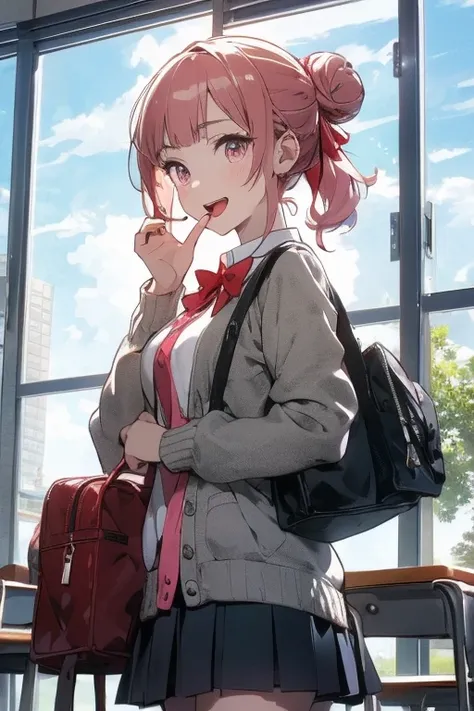 (from below:1.3,Best Quality),chono hina, Solo,pink hair, pink eyes, hair bun, anime screen shot, anime scene, pink cardigan, diagonal-striped bow, red ribbon, grey skirt, pleated skirt, collared shirt, white shirt, smirk, hand to own mouth, upper body, sc...