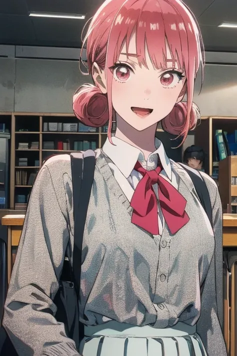 (from below:1.3,Best Quality),chono hina, Solo,pink hair, pink eyes, hair bun, anime screen shot, anime scene, pink cardigan, diagonal-striped bow, red ribbon, grey skirt, pleated skirt, collared shirt, white shirt, smirk, hand to own mouth, upper body, sc...