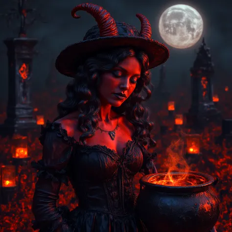  a woman with very red skin,  red horns , Look all black,  Black Lipstick,  Wavy black hair ,  luxurious black vintage dress, vintage black hat,  with a cauldron in front of it burning, standing barefoot ,  in a cemetery, Illuminated by the moon and candle...